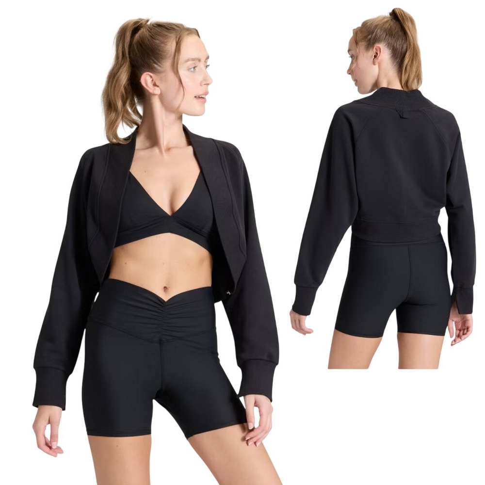 JoyLab Women's French Terry Black Open Front Cropped Shrug Sweatshirt Size XXS
